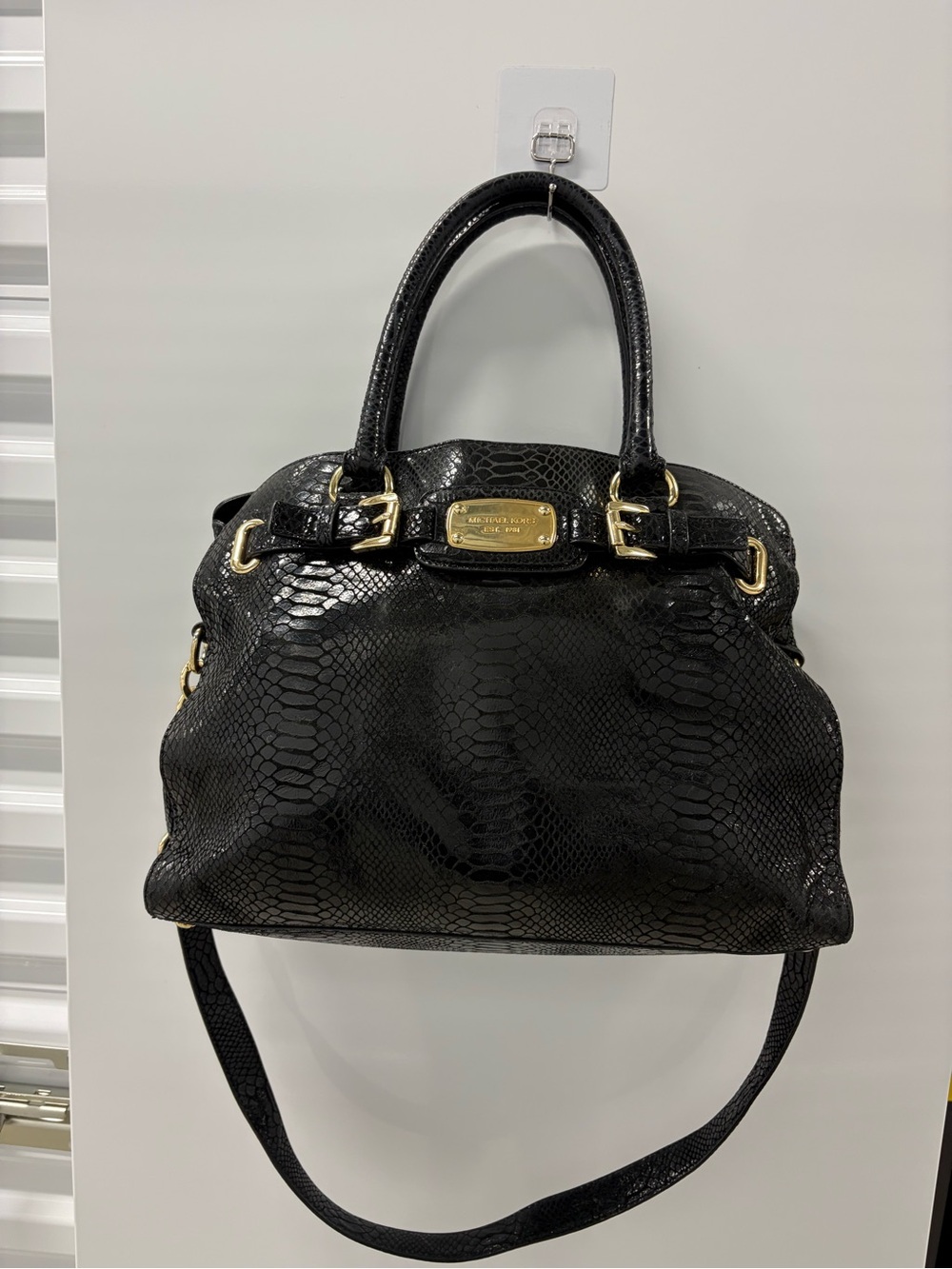 Michael Kors Black Faux-Snake Leather Satchel with Gold Hardware